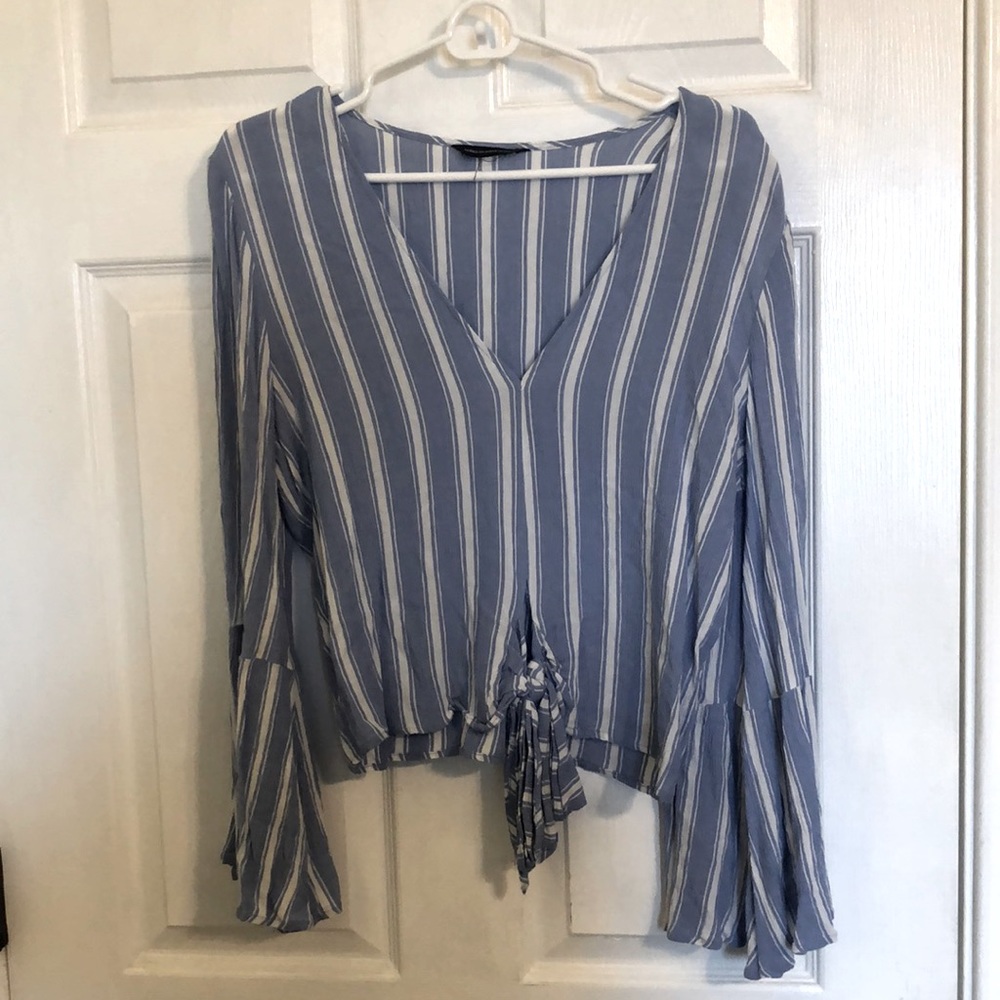 American Eagle Medium, Long-Sleeve Blouse, Light Blue and White Stripes